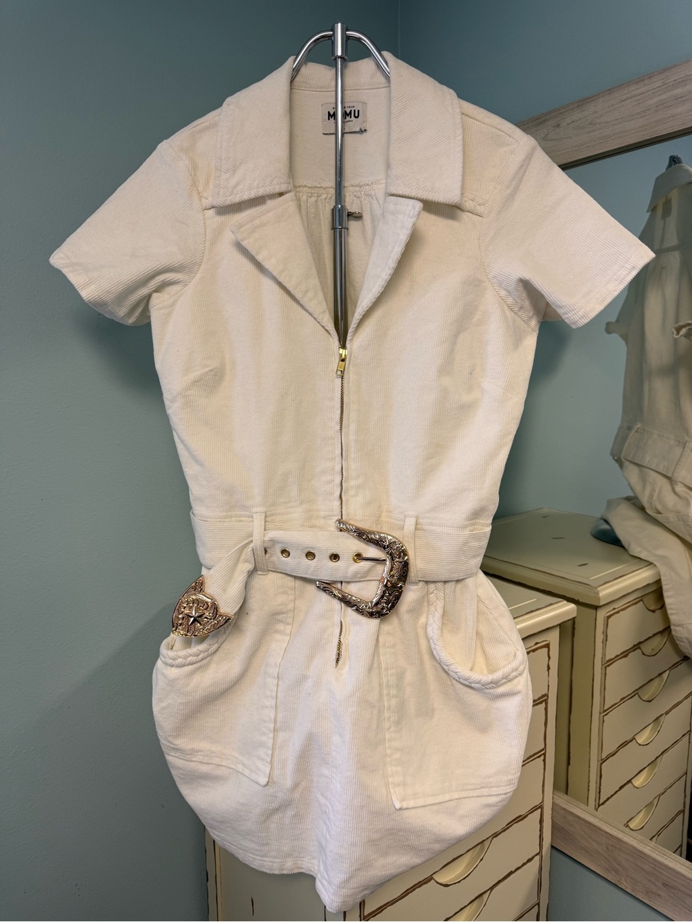 Show Me Your Mumu Outlaw Dress Large Cream Corduroy Western Belted Mini sz L